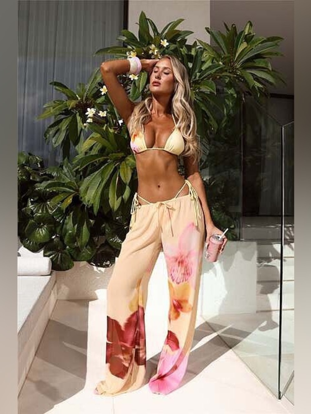 Hello Molly Beige Wide-Leg Floral Beach Pants